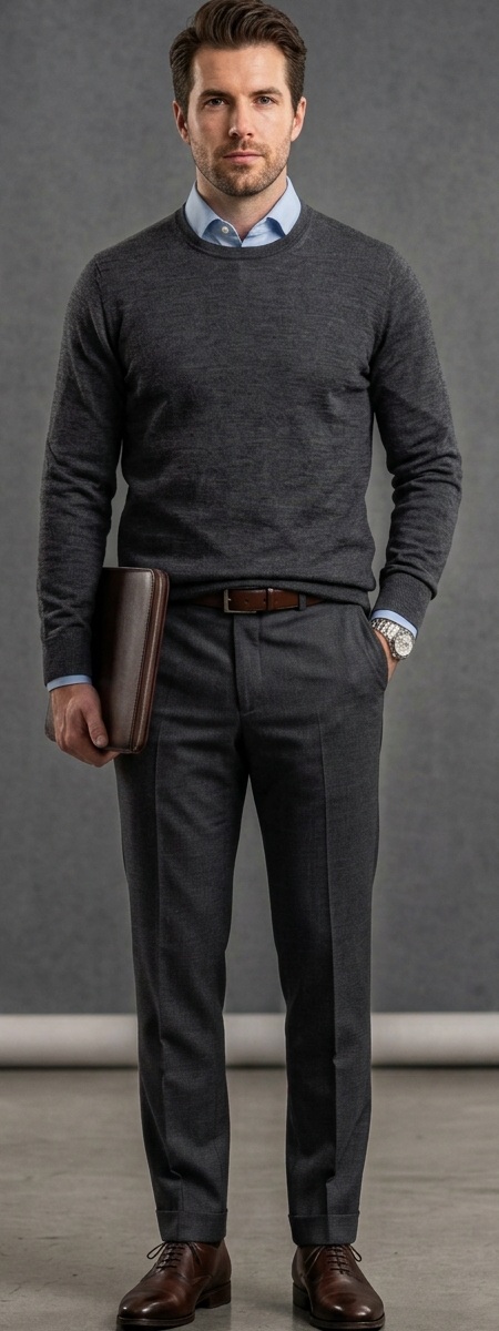 Smart Business Casual Charcoal Sweater and Light Blue Shirt Combo