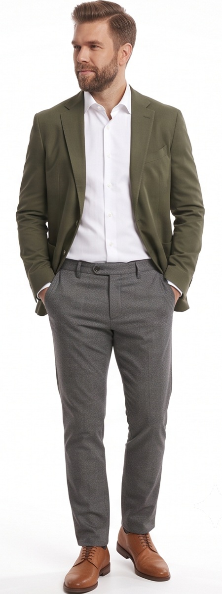 Smart Business Casual Olive Green Blazer and Grey Trousers with Tan Oxfords