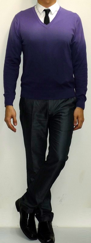 Smart Business Casual Purple V-Neck Sweater with White Dress Shirt Black Tie and Dark Grey Pants