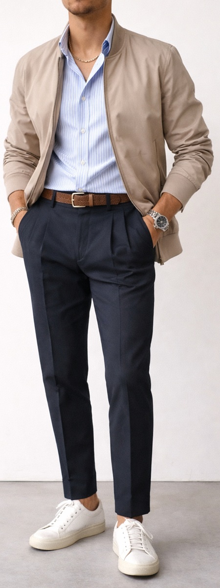 Smart Casual Beige Bomber Jacket and Navy Pleated Trousers