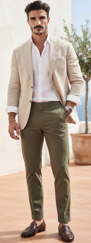 Smart Casual Beige Linen Blazer with White Dress Shirt Olive Chino Pants and Woven Loafers Outfit