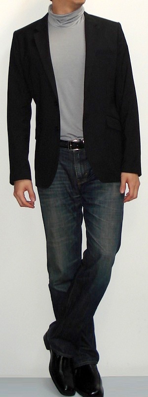 Smart Casual Black Blazer with Grey Mock Neck and Dark Blue Jeans