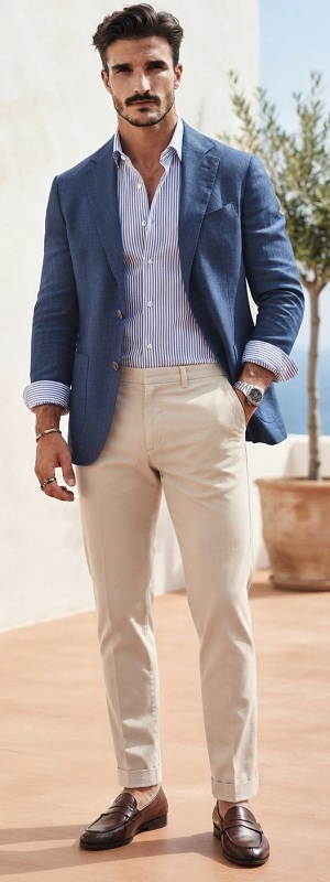 Smart Casual Blue Linen Blazer with Striped Dress Shirt Beige Chino Pants and Brown Leather Penny Loafers