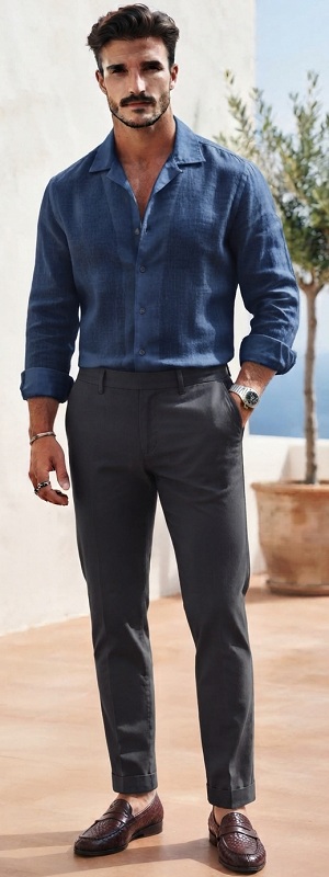 Smart Casual Blue Linen Camp Collar Shirt with Charcoal Pants and Woven Loafers Outfit