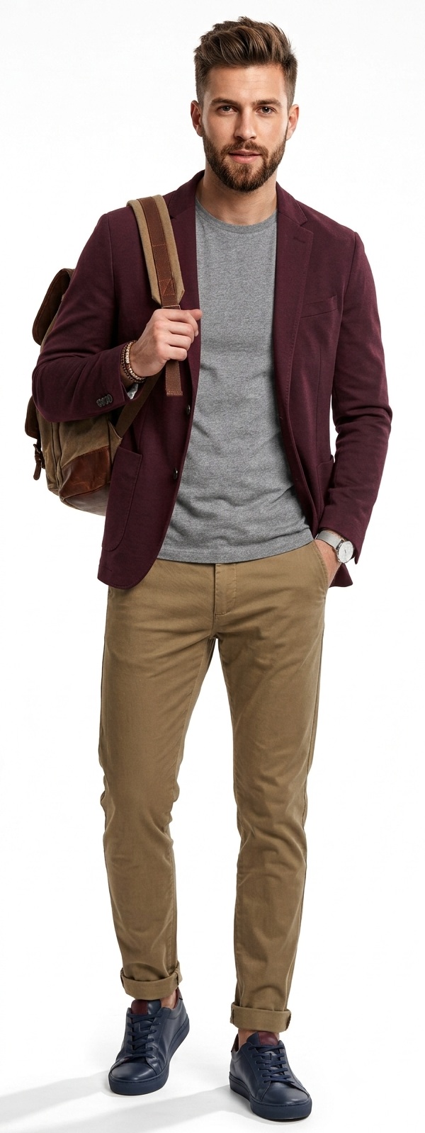 Smart Casual Burgundy Blazer and Khaki Chinos Outfit with Leather Sneakers