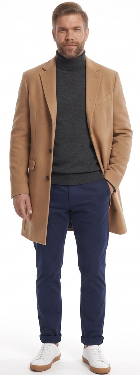 Smart Casual Camel Overcoat and Charcoal Turtleneck Sweater with Navy Chinos