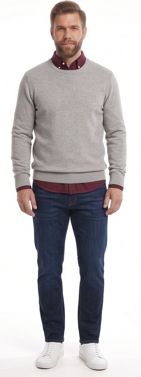 Smart Casual Grey Crewneck Sweater and Burgundy Shirt Outfit with Dark Blue Jeans