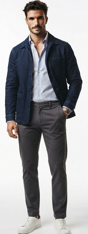 Smart Casual Indigo Denim Chore Jacket with Striped Dress Shirt and Charcoal Chino Pants Outfit