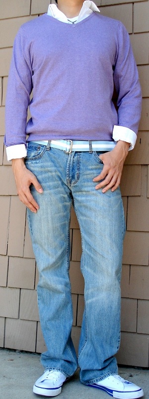 Smart Casual Lavender V-Neck Sweater Layered Over White Dress Shirt with Light Wash Jeans Outfit