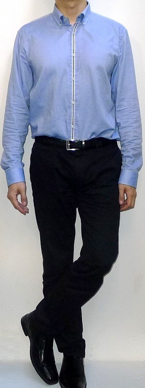 Smart Casual Light Blue Button-Down Dress Shirt with Black Dress Pants and Loafers Outfit
