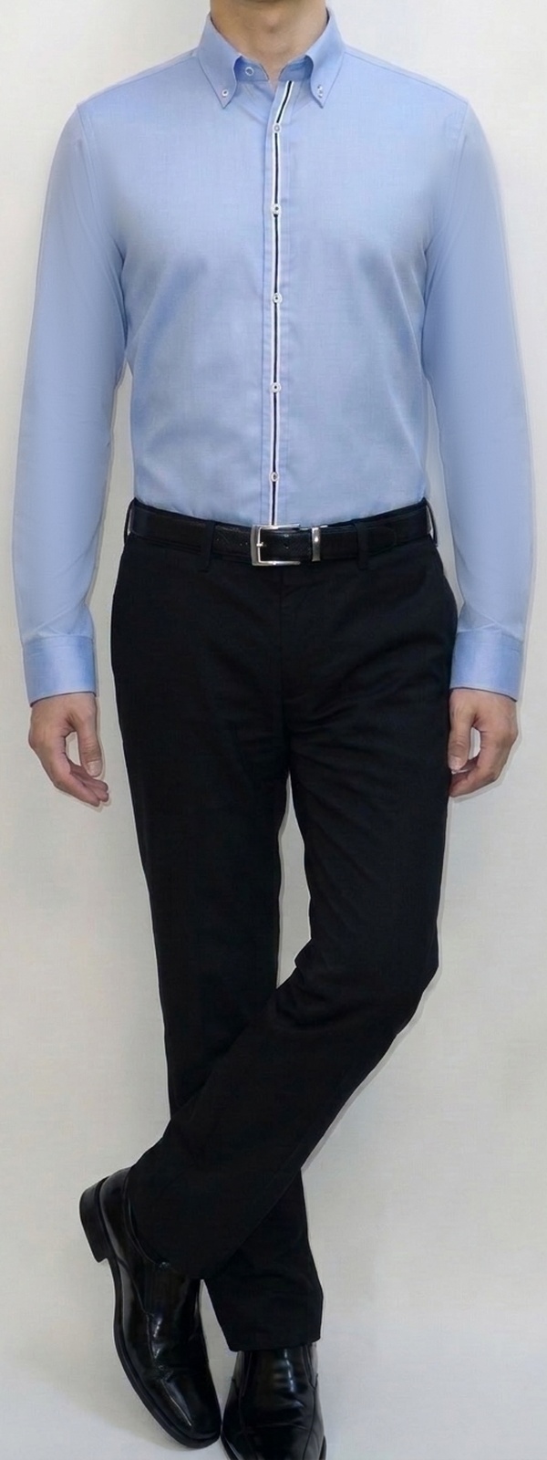 Smart Casual Light Blue Button-Down Dress Shirt with Black Dress Pants and Loafers Outfit