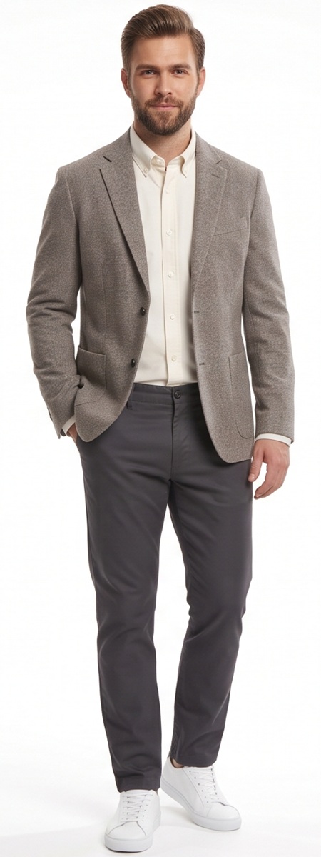 Smart Casual Men's Grey Blazer and Cream Dress Shirt with Charcoal Chinos