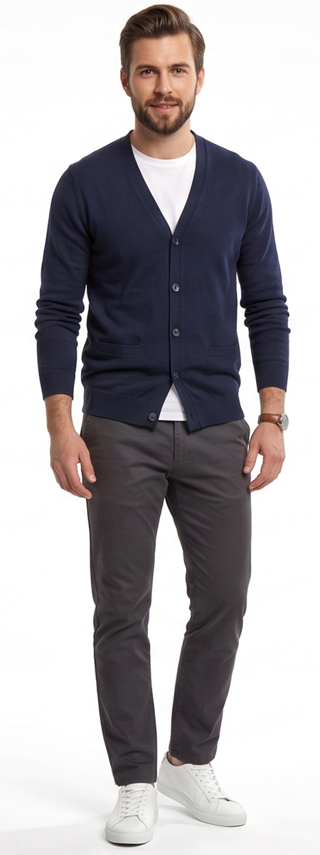 Smart Casual Men's Navy Cardigan Sweater and Charcoal Grey Chinos Outfit