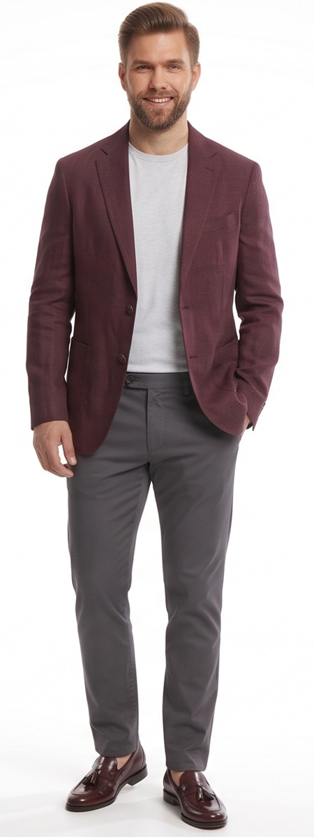 Smart Casual Men's Outfit with Burgundy Blazer and Grey Chinos