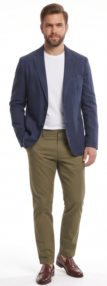 Smart Casual Men's Summer Outfit with Navy Blazer and Olive Chinos