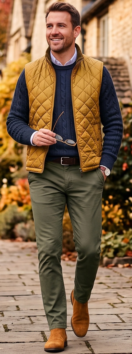 Smart Casual Mustard Quilted Puffer Vest with Navy Cable Knit Sweater, Olive Chino Pants, and Suede Chelsea Boots Outfit