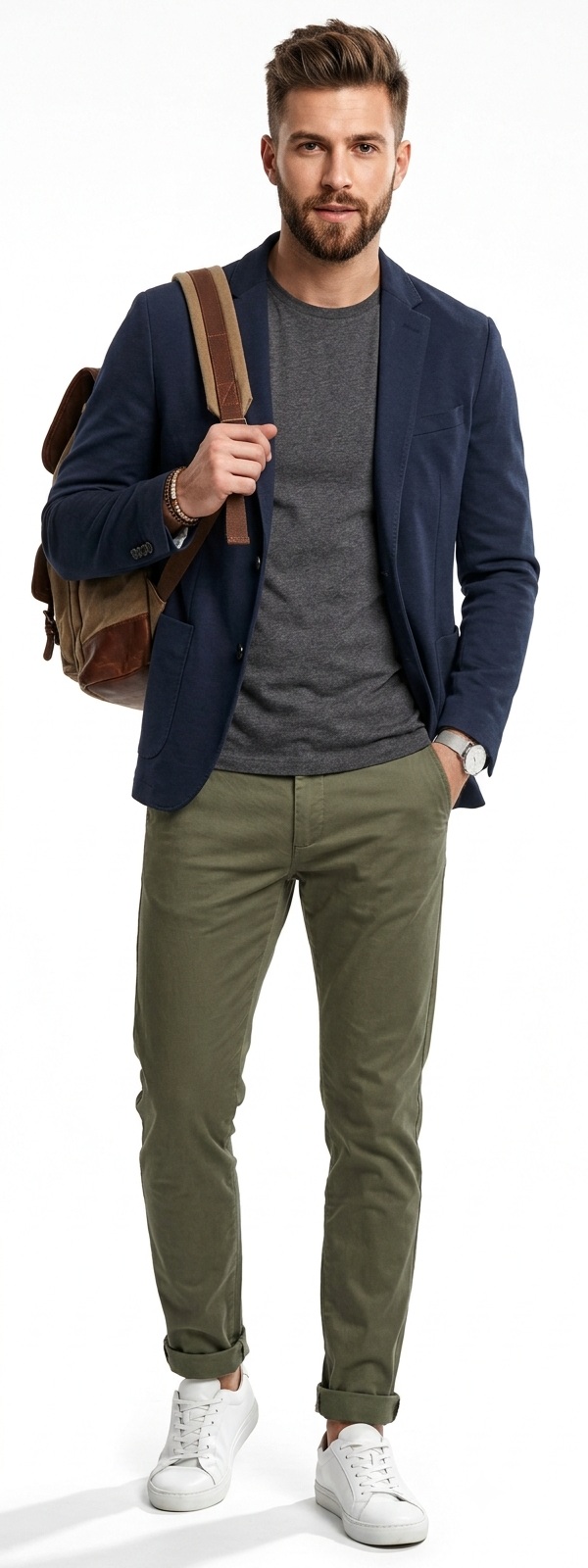Smart Casual Navy Blazer and Olive Green Chinos Outfit