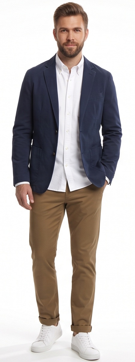 Smart Casual Navy Blazer and White Button Down Shirt with Khaki Chinos