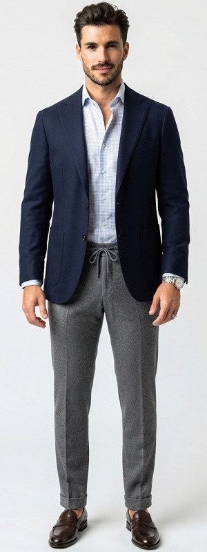 Smart Casual Navy Blazer with Micro Check Dress Shirt Grey Drawstring Dress Pants and Brown Loafers