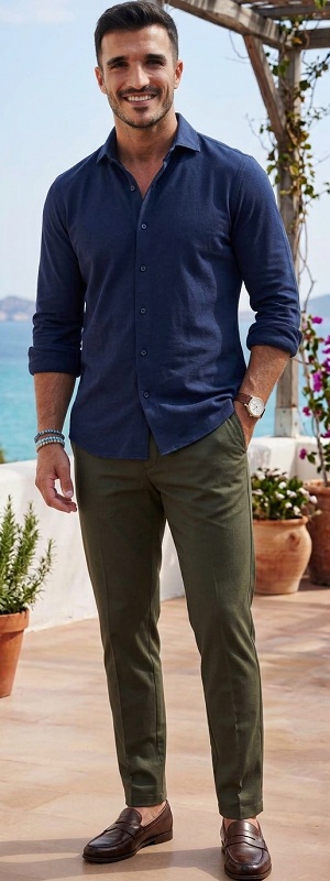 Smart Casual Navy Blue Linen Shirt with Olive Chino Pants and Brown Leather Penny Loafers Outfit