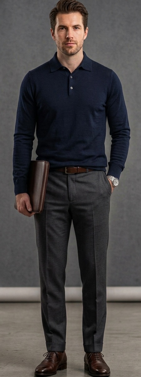 Smart Casual Navy Polo Shirt and Grey Trousers Look