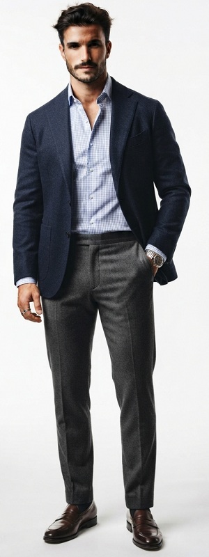 Smart Casual Navy Wool Blazer with Blue Gingham Shirt Charcoal Dress Pants and Brown Loafers Outfit