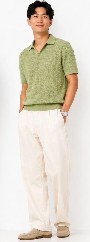 Smart Casual Olive Cable Knit Polo and Off White Trousers