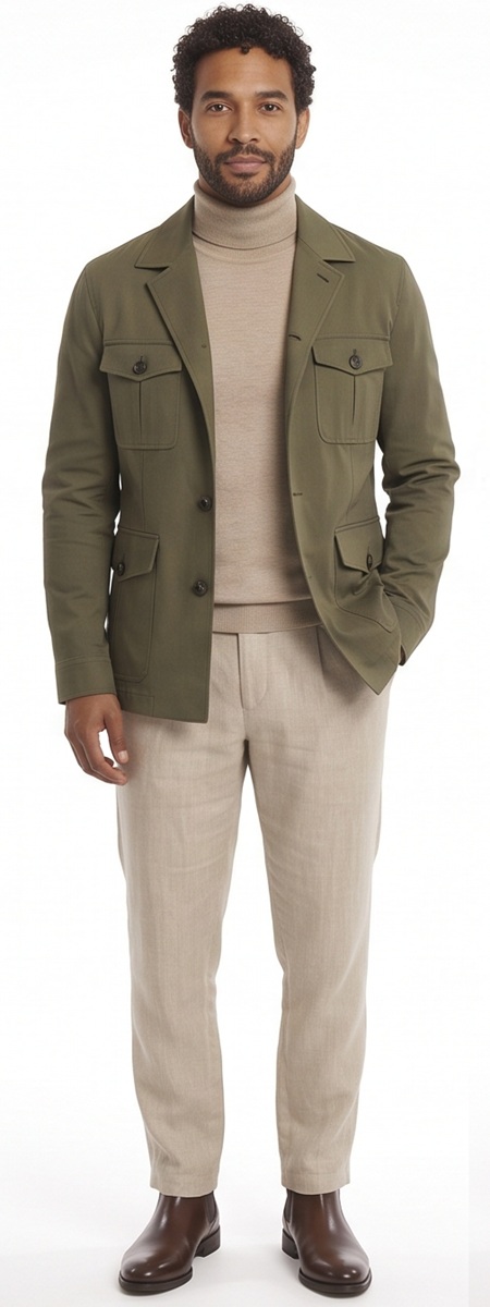 Smart Casual Olive Field Jacket and Beige Turtleneck Outfit
