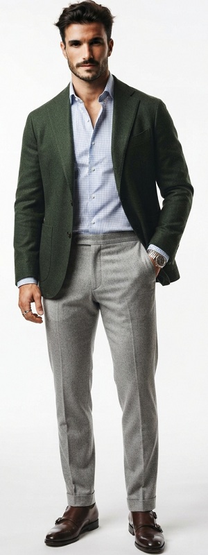 Smart Casual Olive Green Wool Blazer with Light Blue Gingham Shirt Grey Dress Pants and Monk Straps
