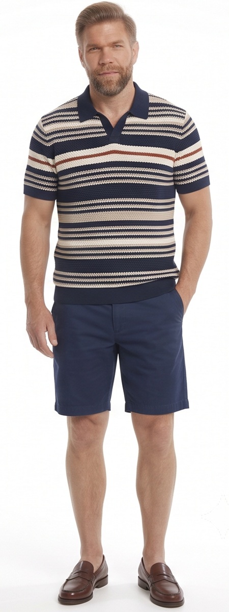 Smart Casual Retro Striped Knit Polo and Navy Chino Shorts Outfit
