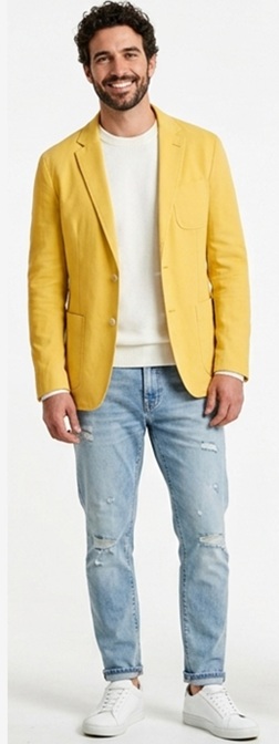 Smart Casual Summer Layering with Yellow Linen Blazer and Distressed Light Wash Jeans