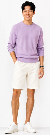 Smart Casual Summer Style with Pastel Purple Crewneck Sweater and White Chino Shorts