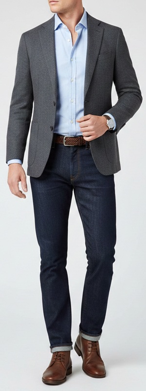 Smart Casual Textured Grey Blazer and Dark Denim