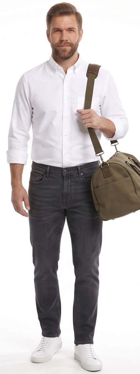 Smart Casual White Button Down Shirt and Dark Grey Jeans Travel Outfit