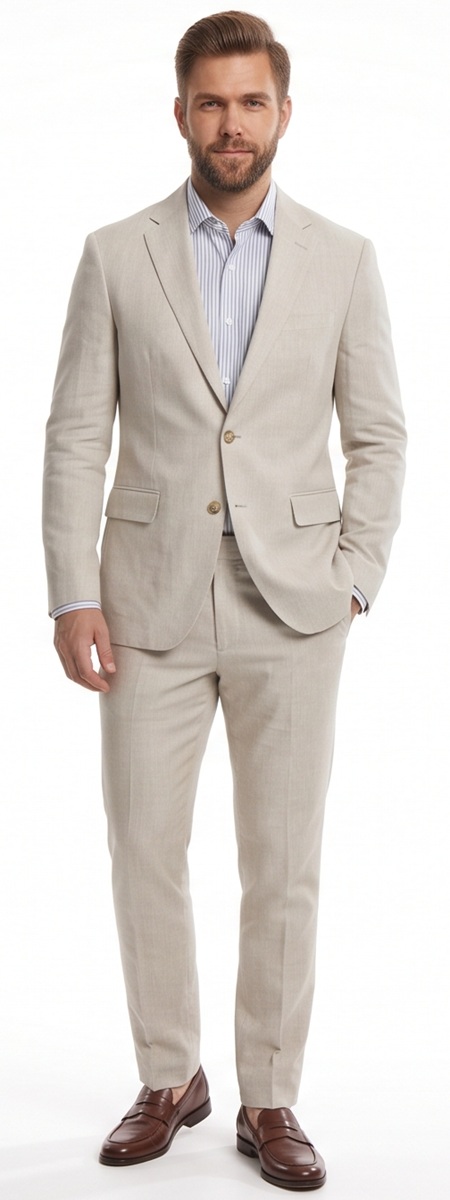 Smart Summer Beige Linen Suit and Striped Shirt Outfit with Brown Loafers