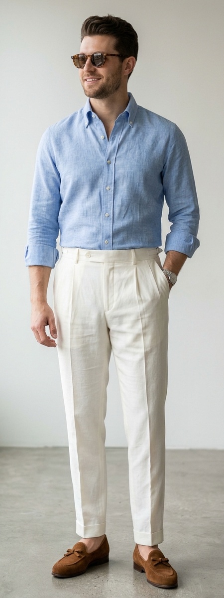 Snuff Suede Belgian Loafers with Cream Pleated Linen Dress Pants and Blue Shirt
