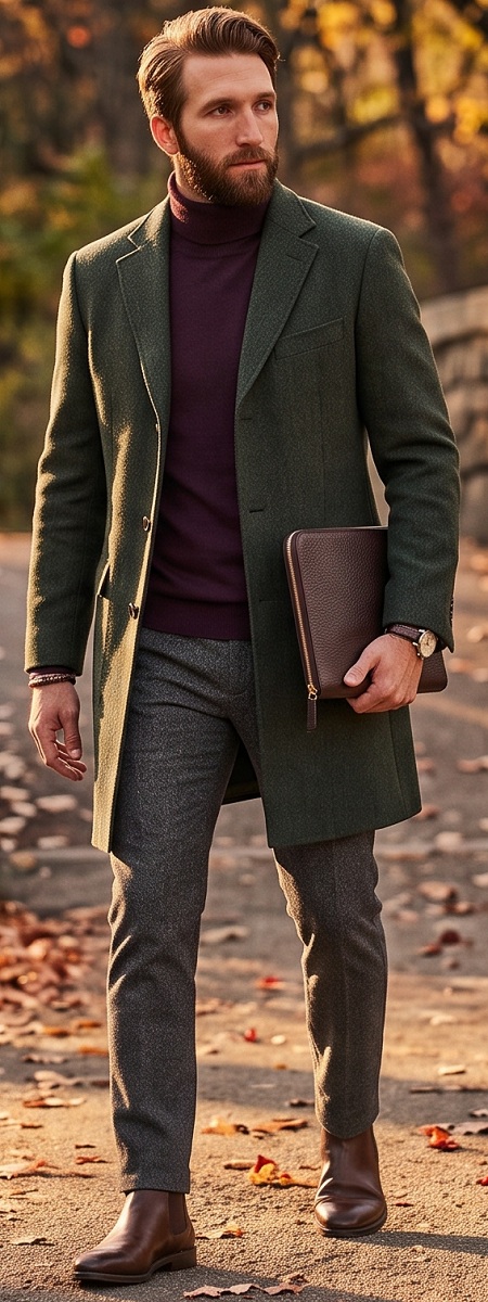 Sophisticated Autumn Smart Casual Outfit with Dark Green Wool Overcoat, Deep Plum Turtleneck Sweater, Charcoal Dress Pants, and Brown Leather Chelsea Boots