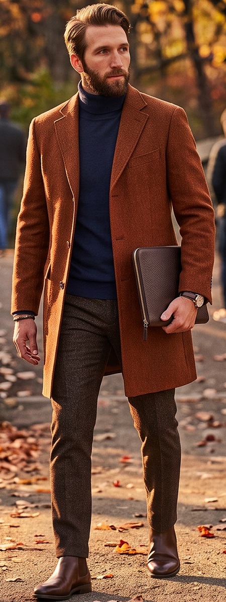 Sophisticated Autumn Smart Casual Outfit with Rust Wool Overcoat, Navy Turtleneck Sweater, Dark Brown Dress Pants, and Brown Leather Chelsea Boots
