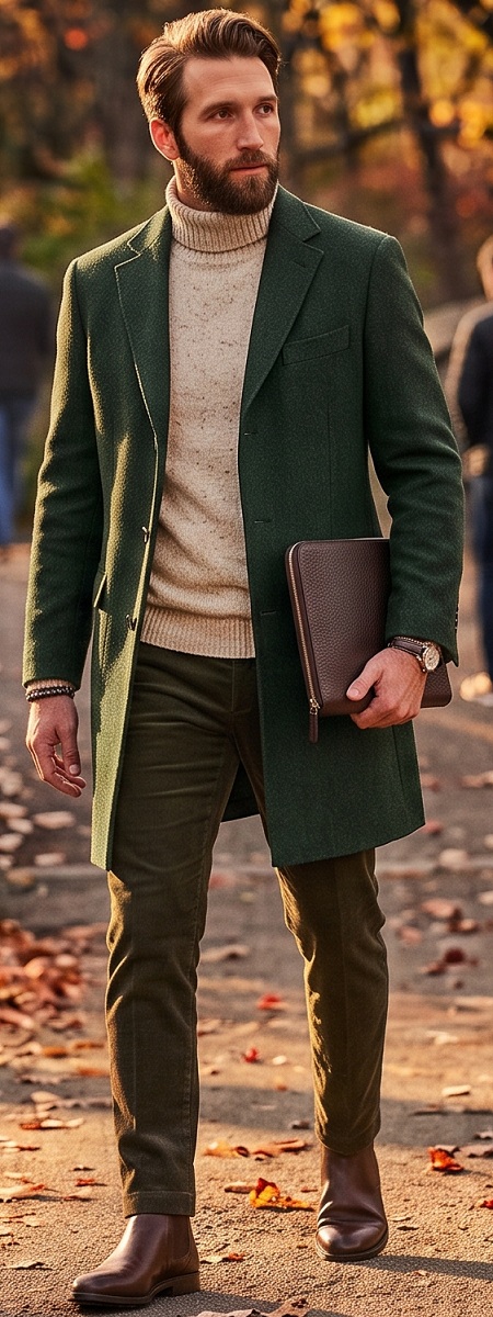 Sophisticated Fall Smart Casual Outfit with Forest Green Wool Overcoat, Cream Turtleneck Sweater, Olive Chino Pants, and Brown Leather Chelsea Boots