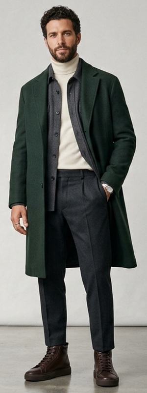 Sophisticated Forest Green Overcoat and Charcoal Pleated Trousers Layering Look