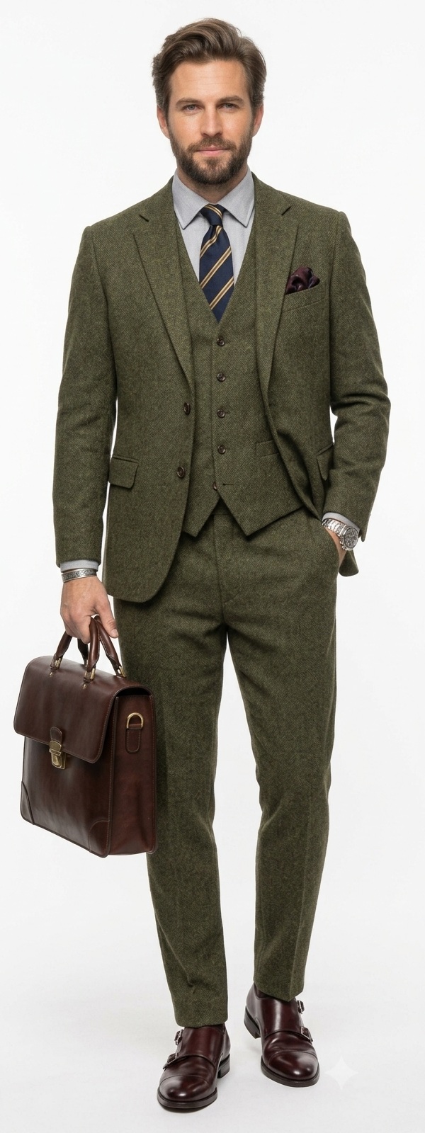 Sophisticated Heritage Style with Green Tweed Three Piece Suit and Brown Leather Accessories