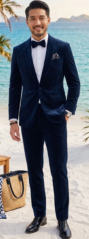 Sophisticated Navy Velvet Tuxedo with White Dress Shirt and Patent Leather Oxford Shoes