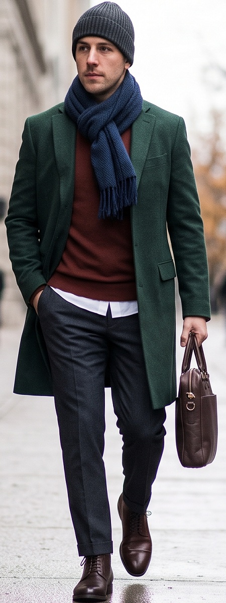 Sophisticated Winter Commuter Dark Green Wool Overcoat with Rust Sweater, Blue Scarf, Charcoal Dress Pants, and Leather Boots Outfit
