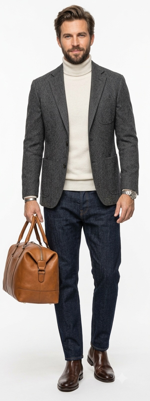 Sophisticated Winter Smart Casual with Charcoal Wool Blazer and Off White Turtleneck