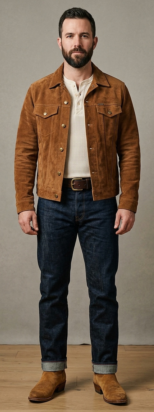 Southwestern Roughout Suede Trucker Jacket and Raw Denim with Roper Boots