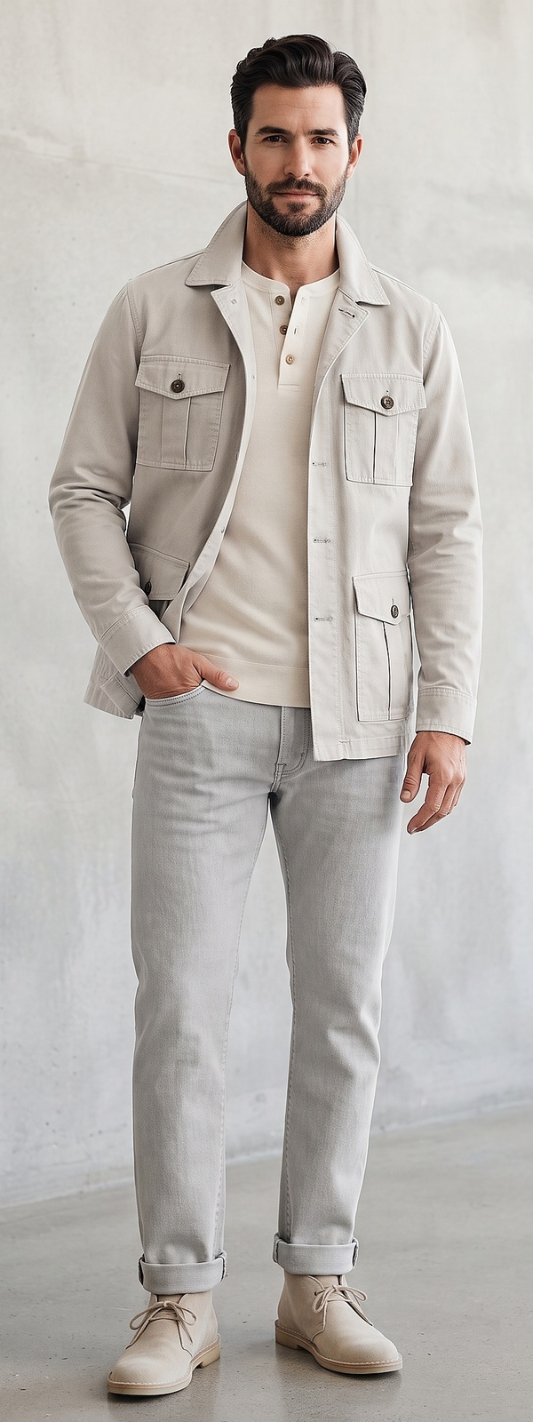 Stone Grey Safari Jacket and Cream Waffle Henley Minimalist Monochrome Look
