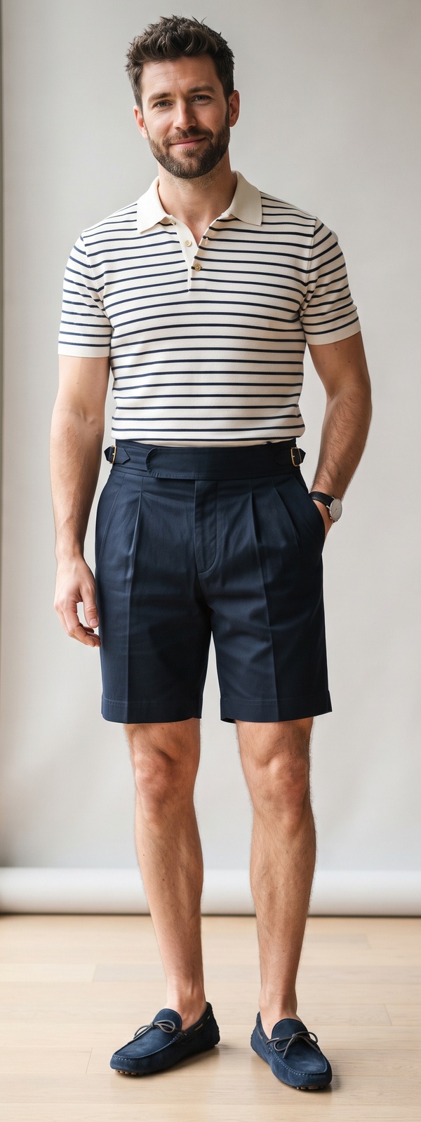 Striped Knit Polo Shirt with Navy Gurkha Shorts and Loafers