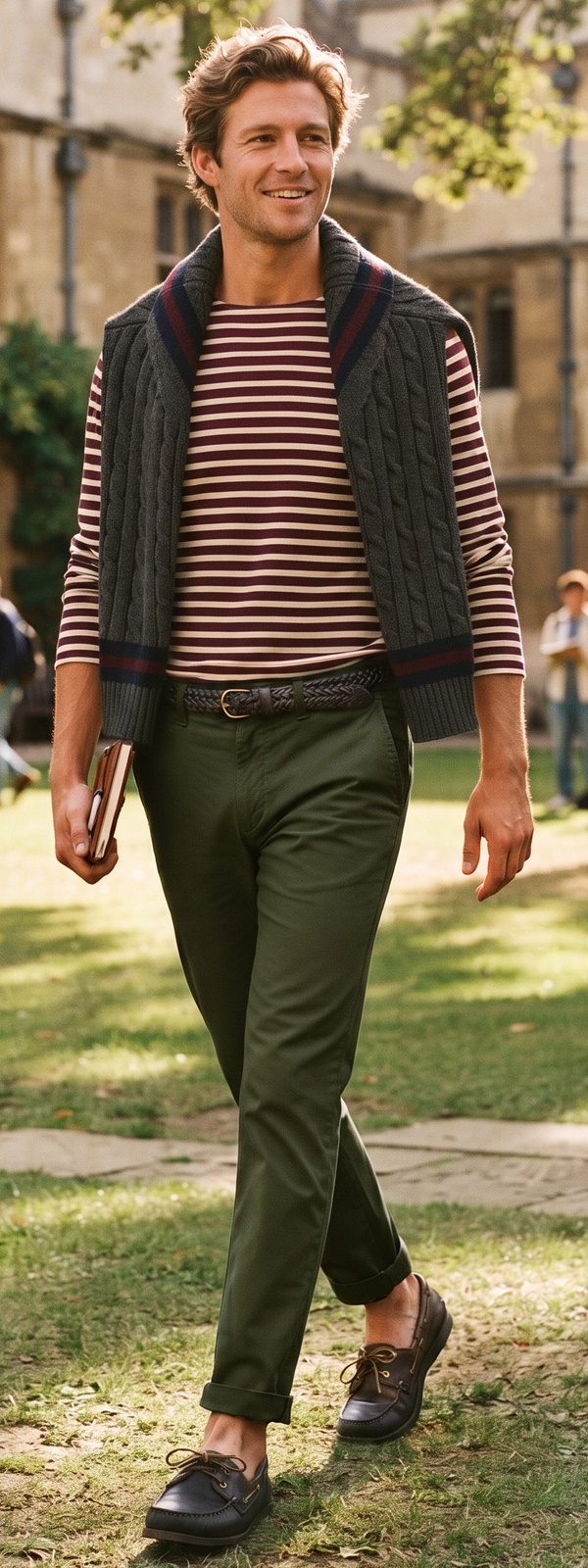 Ivy League Striped Long Sleeve Shirt with Draped Sweater and Chinos Look