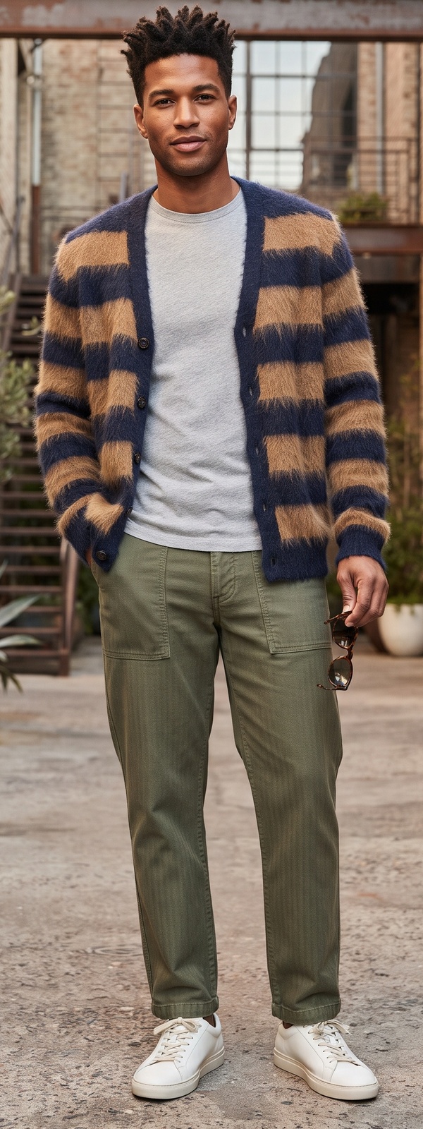 Striped Mohair Cardigan, Heather Grey T-Shirt, and Olive Fatigue Pants