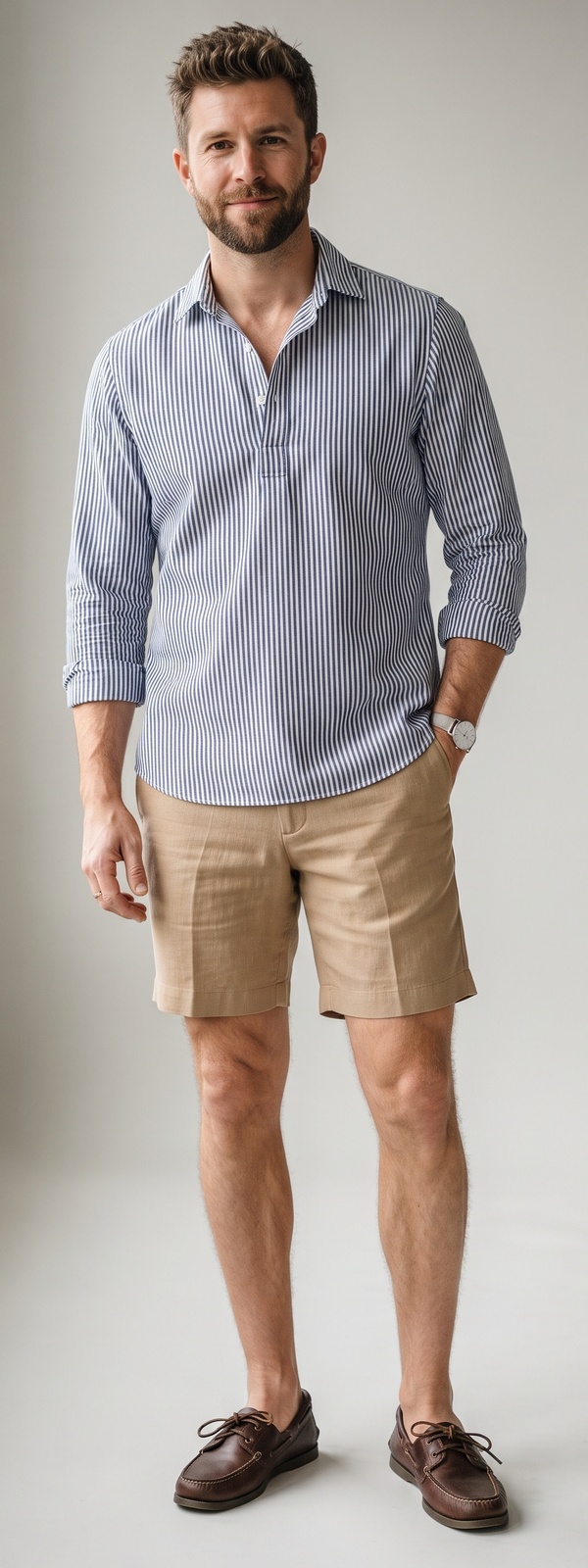 Blue Striped Popover Shirt With Khaki Chino Shorts and Brown Boat Shoes